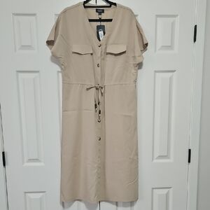 Gigio Beige Tan Button-Front Midi Dress Womens M NWT
